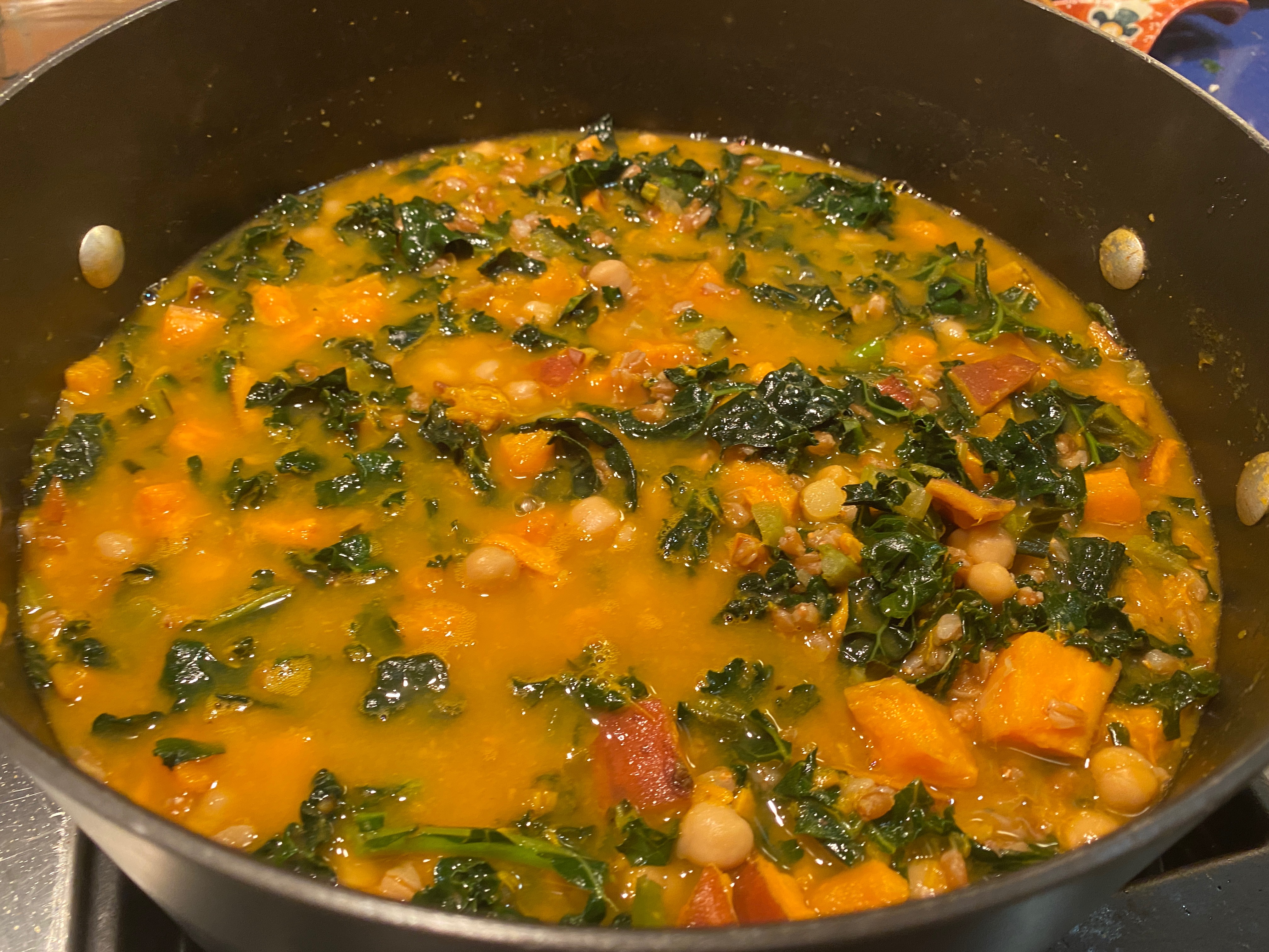 Chickpea, Sweet Potato, and Farro Soup