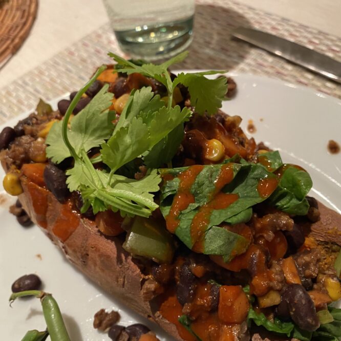 Vegan Chili Loaded Sweet Potato
